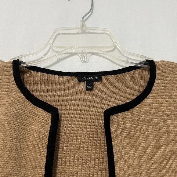 Talbots Merino Blend Colorblock Sweater Jacket Large Tan Black Open Front - Picture 4 of 10